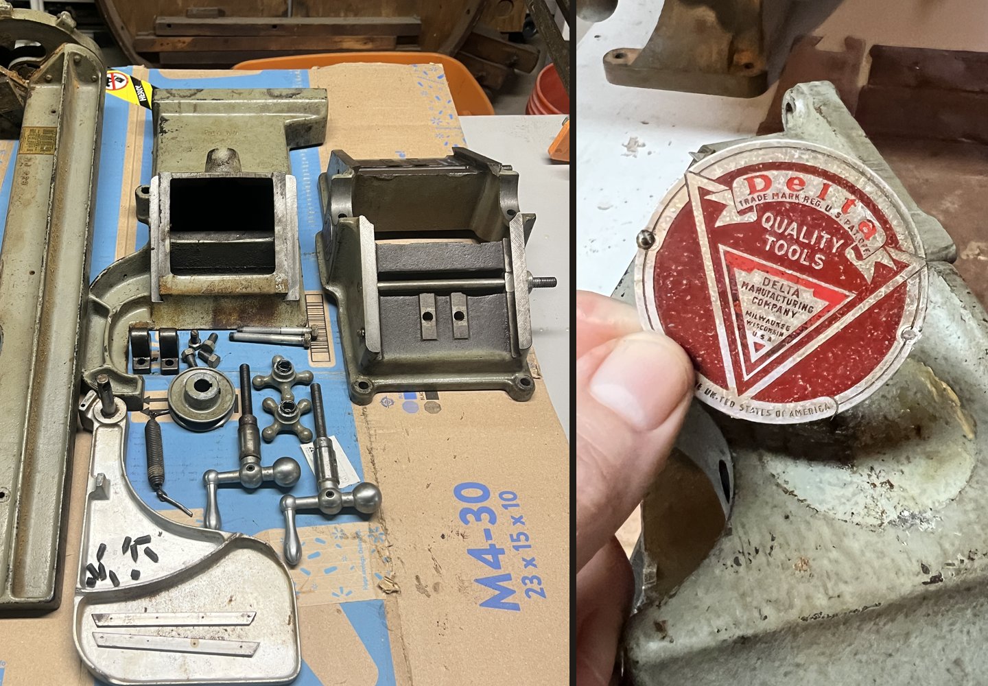 Saw and jointer parts laid out after cleaning, and an original Delta badge